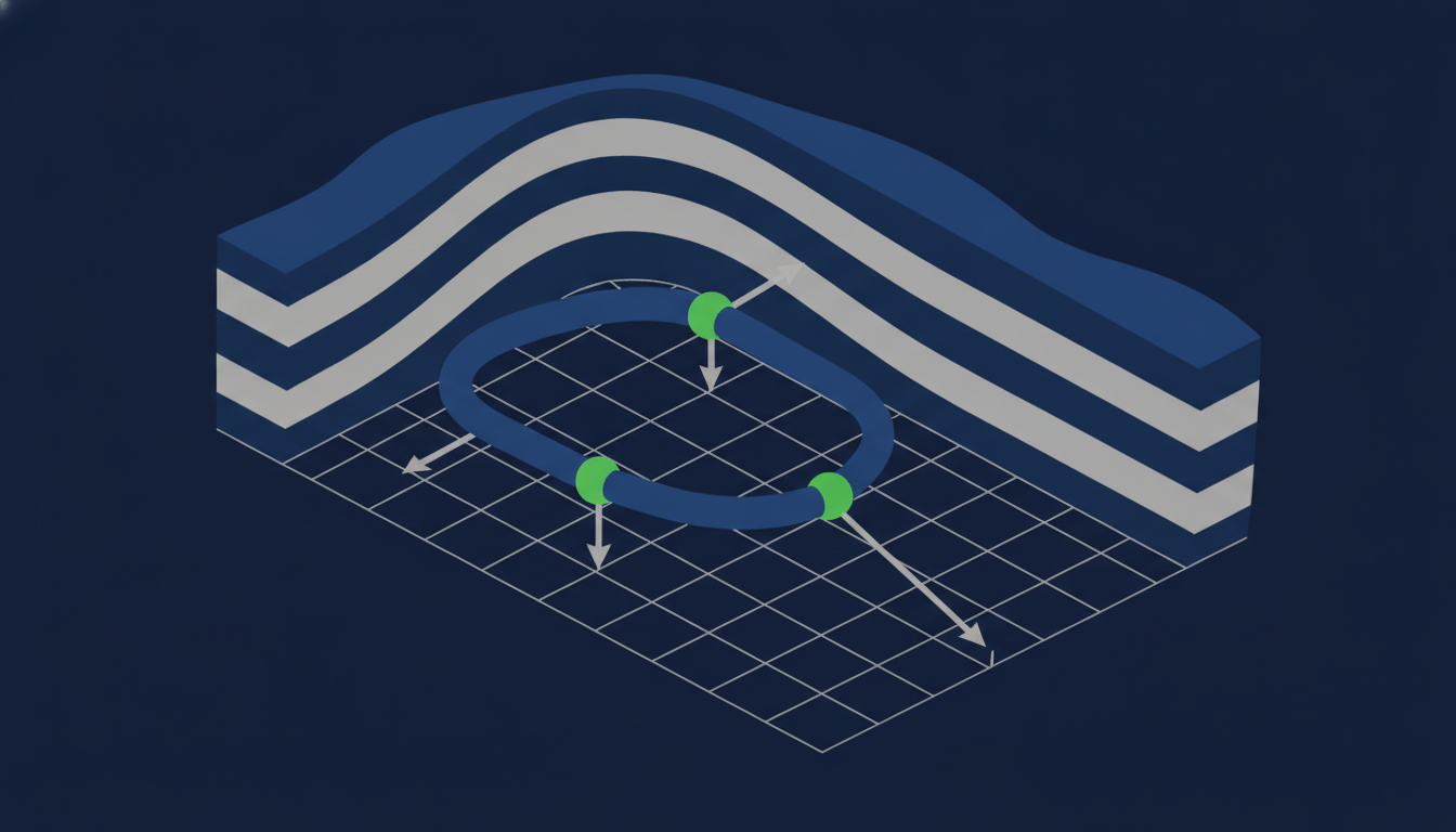 Spatial geometry of two survey stations showing inclination and azimuth vectors used to resolve the total subtended dogleg angle.